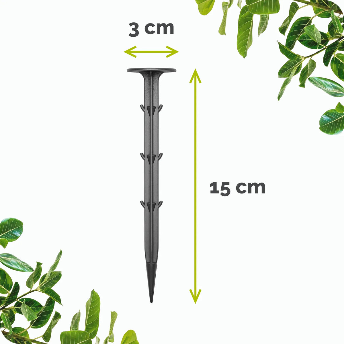 Bodenanker 15 cm lang mit 3 cm Tellerkopf – Maße des Erdankers aus Kunststoff